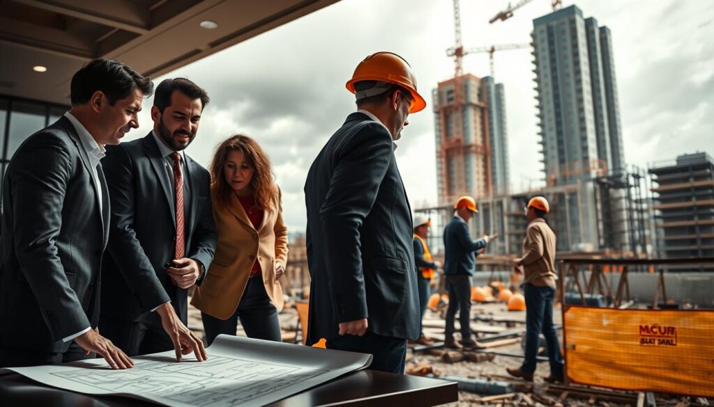 A detailed scene illustrating the concept of "taxa de evolução obra" in the construction industry. In the foreground, a diverse group of three project managers, dressed in professional business attire, are engaged in a discussion around architectural blueprints on a table. In the middle ground, construction workers in hard hats are actively working on a building site, showcasing various phases of construction, such as framing, scaffolding, and material delivery. The background highlights a partially completed skyscraper against a cloudy sky, symbolizing progress and evolution in construction. The lighting is bright and dynamic, emphasizing the bustling activity on site, with a slightly elevated angle from above, capturing the entire scene. The atmosphere is one of collaboration, innovation, and a forward-looking perspective in the construction industry. A detailed scene illustrating the concept of "taxa de evolução obra" in the construction industry. In the foreground, a diverse group of three project managers, dressed in professional business attire, are engaged in a discussion around architectural blueprints on a table. In the middle ground, construction workers in hard hats are actively working on a building site, showcasing various phases of construction, such as framing, scaffolding, and material delivery. The background highlights a partially completed skyscraper against a cloudy sky, symbolizing progress and evolution in construction. The lighting is bright and dynamic, emphasizing the bustling activity on site, with a slightly elevated angle from above, capturing the entire scene. The atmosphere is one of collaboration, innovation, and a forward-looking perspective in the construction industry.