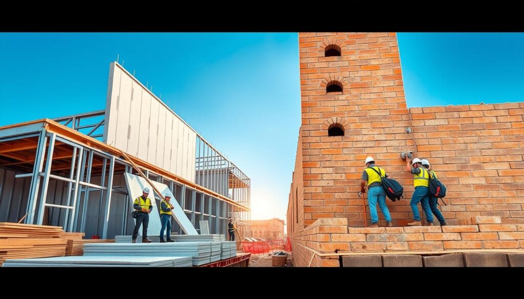 A detailed side-by-side comparison of a dry construction site and a traditional masonry site. In the foreground, showcase modern dry construction materials like gypsum boards and metal frames, arranged neatly by skilled workers in professional attire. In the middle ground, illustrate a classic masonry site with bricks and mortar being laid by another team, showcasing their tools and technique. The background features a clear blue sky, gently lit by the sun, enhancing the contrast between the two building methods. Capture an angle that allows viewers to appreciate the structural differences, while maintaining a professional and informative atmosphere. Aim for a balanced composition that highlights the distinct characteristics and processes of both construction types, evoking a sense of innovation and tradition. A detailed side-by-side comparison of a dry construction site and a traditional masonry site. In the foreground, showcase modern dry construction materials like gypsum boards and metal frames, arranged neatly by skilled workers in professional attire. In the middle ground, illustrate a classic masonry site with bricks and mortar being laid by another team, showcasing their tools and technique. The background features a clear blue sky, gently lit by the sun, enhancing the contrast between the two building methods. Capture an angle that allows viewers to appreciate the structural differences, while maintaining a professional and informative atmosphere. Aim for a balanced composition that highlights the distinct characteristics and processes of both construction types, evoking a sense of innovation and tradition.