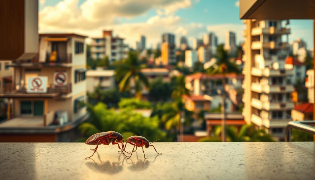 A detailed urban scene depicting common pests found in Maringá, Brazil, such as cockroaches, ants, and rodents. In the foreground, showcase a realistic close-up of a cockroach on a kitchen countertop. The middle ground features an urban landscape, highlighting residential buildings with visible pest control signs. Use warm, natural lighting to create a welcoming yet alert atmosphere, as if the viewer is being made aware of the pest issue. In the background, include a soft-focus cityscape blending tropical greenery with urban elements, enhancing the feeling of a bustling city. Utilize a wide-angle lens perspective to capture the depth of the setting, emphasizing both the proximity of the pests and the urban environment. The overall mood should be informative and slightly cautious, reflecting an awareness of urban pest control. A detailed urban scene depicting common pests found in Maringá, Brazil, such as cockroaches, ants, and rodents. In the foreground, showcase a realistic close-up of a cockroach on a kitchen countertop. The middle ground features an urban landscape, highlighting residential buildings with visible pest control signs. Use warm, natural lighting to create a welcoming yet alert atmosphere, as if the viewer is being made aware of the pest issue. In the background, include a soft-focus cityscape blending tropical greenery with urban elements, enhancing the feeling of a bustling city. Utilize a wide-angle lens perspective to capture the depth of the setting, emphasizing both the proximity of the pests and the urban environment. The overall mood should be informative and slightly cautious, reflecting an awareness of urban pest control.