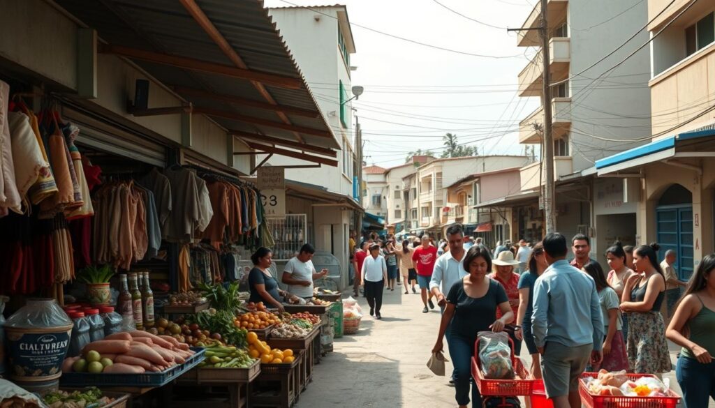 A detailed urban scene in Mandaguari, PR, showcasing various factors influencing the cost of living. In the foreground, a modest market with vendors displaying fresh produce, meats, and local goods, emphasizing daily expenses. The middle ground features a diverse group of people, including families and professionals, engaged in shopping, depicting the community aspect. The background highlights local residential buildings alongside small businesses, representing housing costs and employment opportunities. Soft morning light filters through the scene, creating a warm, inviting atmosphere. The angle is slightly elevated, providing a comprehensive view of this vibrant neighborhood, emphasizing both activity and community interaction. The overall mood is lively and informative, capturing the essence of life in Mandaguari while illustrating budget considerations. A detailed urban scene in Mandaguari, PR, showcasing various factors influencing the cost of living. In the foreground, a modest market with vendors displaying fresh produce, meats, and local goods, emphasizing daily expenses. The middle ground features a diverse group of people, including families and professionals, engaged in shopping, depicting the community aspect. The background highlights local residential buildings alongside small businesses, representing housing costs and employment opportunities. Soft morning light filters through the scene, creating a warm, inviting atmosphere. The angle is slightly elevated, providing a comprehensive view of this vibrant neighborhood, emphasizing both activity and community interaction. The overall mood is lively and informative, capturing the essence of life in Mandaguari while illustrating budget considerations.