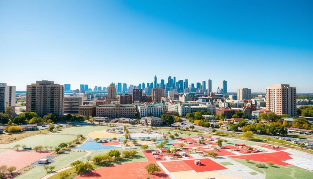 A detailed urban zoning map depicting parameters affecting land, buildings, and subdivisions. In the foreground, various plots of land are marked with zoning classifications such as residential, commercial, and industrial, indicated by different colors and symbols. The middle ground features diverse architectural structures reflecting design variations based on zoning laws, such as apartment complexes, office buildings, and small shops. In the background, a city skyline under a clear blue sky provides context. The scene is well-lit, with natural sunlight highlighting the contours of the buildings and the vibrant colors of the map. The mood is professional and informative, evoking a sense of urban planning and development. The perspective is slightly elevated, offering an overview of how zoning impacts land use in an urban environment. A detailed urban zoning map depicting parameters affecting land, buildings, and subdivisions. In the foreground, various plots of land are marked with zoning classifications such as residential, commercial, and industrial, indicated by different colors and symbols. The middle ground features diverse architectural structures reflecting design variations based on zoning laws, such as apartment complexes, office buildings, and small shops. In the background, a city skyline under a clear blue sky provides context. The scene is well-lit, with natural sunlight highlighting the contours of the buildings and the vibrant colors of the map. The mood is professional and informative, evoking a sense of urban planning and development. The perspective is slightly elevated, offering an overview of how zoning impacts land use in an urban environment.