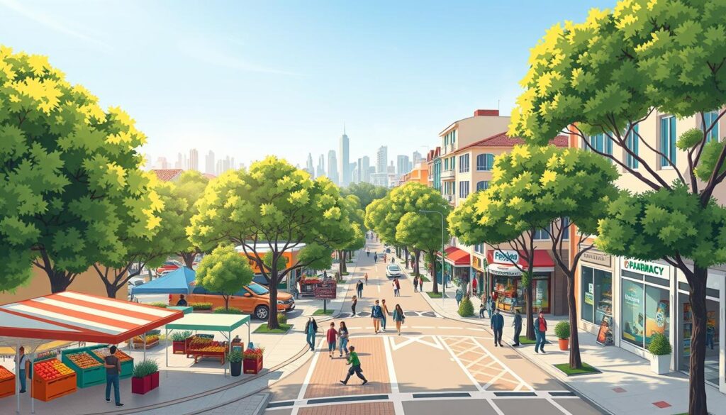 A detailed, vibrant street map of the Zona 07 neighborhood in São Paulo, showcasing tree-lined avenues and local amenities. In the foreground, depict a view of a bustling market with colorful stalls selling fresh produce, surrounded by well-maintained sidewalks and lush trees. The middle ground should feature charming pharmacy storefronts with inviting windows, while groups of pedestrians walk leisurely, enjoying the lively atmosphere. In the background, illustrate the skyline of São Paulo, under a clear blue sky with soft, natural lighting for an inviting feel. Use a wide-angle perspective to capture the lively urban scene, conveying a sense of community and pedestrian-friendly living. Soft shadows and warm colors enhance the welcoming mood. A detailed, vibrant street map of the Zona 07 neighborhood in São Paulo, showcasing tree-lined avenues and local amenities. In the foreground, depict a view of a bustling market with colorful stalls selling fresh produce, surrounded by well-maintained sidewalks and lush trees. The middle ground should feature charming pharmacy storefronts with inviting windows, while groups of pedestrians walk leisurely, enjoying the lively atmosphere. In the background, illustrate the skyline of São Paulo, under a clear blue sky with soft, natural lighting for an inviting feel. Use a wide-angle perspective to capture the lively urban scene, conveying a sense of community and pedestrian-friendly living. Soft shadows and warm colors enhance the welcoming mood.