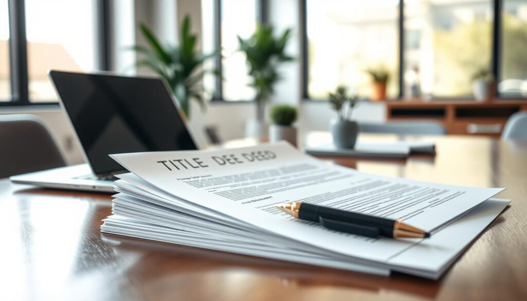 A detailed view of a business desk showcasing essential property documents for secure buying and selling. In the foreground, neatly stacked papers including a title deed, property registration certificate, and a sales agreement, all under soft natural lighting. In the middle, a polished wooden desk with a sleek laptop open, a stylish pen, and a small decorative plant, emphasizing an organized workspace. The background features a blurred modern office setting with large windows that allow soft sunlight to stream in, creating a calm and professional atmosphere. The mood is focused and efficient, ideal for discussing real estate transactions. The composition should have a clear depth of field, drawing attention to the documents while keeping other elements subtle and harmonious. A detailed view of a business desk showcasing essential property documents for secure buying and selling. In the foreground, neatly stacked papers including a title deed, property registration certificate, and a sales agreement, all under soft natural lighting. In the middle, a polished wooden desk with a sleek laptop open, a stylish pen, and a small decorative plant, emphasizing an organized workspace. The background features a blurred modern office setting with large windows that allow soft sunlight to stream in, creating a calm and professional atmosphere. The mood is focused and efficient, ideal for discussing real estate transactions. The composition should have a clear depth of field, drawing attention to the documents while keeping other elements subtle and harmonious.