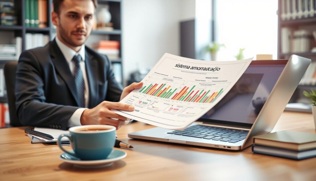 A detailed visualization of "sistema amortização" in a financial context. In the foreground, focus on a professional businessperson, dressed in business attire, analyzing a financial document showcasing a graphical representation of amortization schedules with colorful charts and graphs. In the middle, include a sleek modern desk with a laptop displaying financial software, a calculator, and a cup of coffee, creating an atmosphere of productivity. In the background, softly blurred, show an office environment with shelves filled with finance-related books and a window letting in natural light to enhance the mood of clarity and financial understanding. The lens should capture the scene from a slightly elevated angle, emphasizing the personal interaction with the financial materials while maintaining a professional and inviting atmosphere. A detailed visualization of "sistema amortização" in a financial context. In the foreground, focus on a professional businessperson, dressed in business attire, analyzing a financial document showcasing a graphical representation of amortization schedules with colorful charts and graphs. In the middle, include a sleek modern desk with a laptop displaying financial software, a calculator, and a cup of coffee, creating an atmosphere of productivity. In the background, softly blurred, show an office environment with shelves filled with finance-related books and a window letting in natural light to enhance the mood of clarity and financial understanding. The lens should capture the scene from a slightly elevated angle, emphasizing the personal interaction with the financial materials while maintaining a professional and inviting atmosphere.