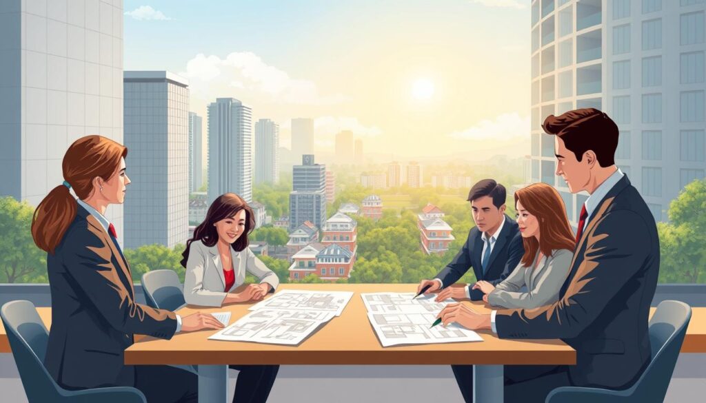 A digital illustration depicting the concept of "imposto sobre transmissão" (ITBI) in an urban setting. In the foreground, a diverse group of professionals in business attire are engaged in a discussion around a table with legal documents and property blueprints spread out. The middle layer features a modern cityscape with office buildings and residential properties, symbolizing municipal competence. The background shows a sunny sky and green spaces, conveying a sense of community and civic engagement. Soft, natural lighting highlights the professionalism of the scene, with a slightly elevated angle that provides depth. The atmosphere is calm and focused, underscoring the importance of understanding legal foundations in property transactions. A digital illustration depicting the concept of "imposto sobre transmissão" (ITBI) in an urban setting. In the foreground, a diverse group of professionals in business attire are engaged in a discussion around a table with legal documents and property blueprints spread out. The middle layer features a modern cityscape with office buildings and residential properties, symbolizing municipal competence. The background shows a sunny sky and green spaces, conveying a sense of community and civic engagement. Soft, natural lighting highlights the professionalism of the scene, with a slightly elevated angle that provides depth. The atmosphere is calm and focused, underscoring the importance of understanding legal foundations in property transactions.