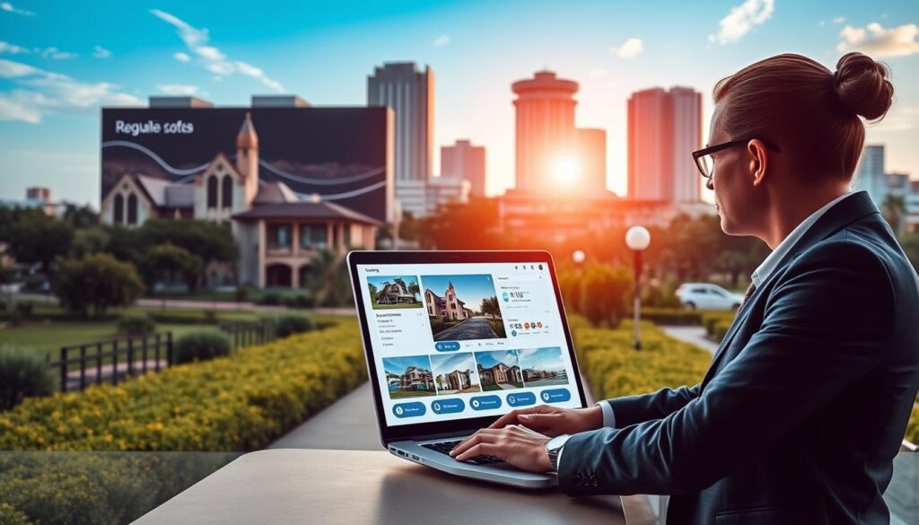 A digital real estate transaction scene depicting a modern city skyline of Maringá, Brazil, characterized by a mix of contemporary and traditional architectures. In the foreground, a laptop displays an interactive property listing with images and virtual tours, showcasing a beautiful residential property. A person in professional business attire, engaged in a video call, is seen discussing the real estate options, their face illuminated by the laptop screen. The middle ground includes lush greenery and a smooth path leading to a digital billboard promoting digital property services. The background features Maringá’s iconic buildings under a bright blue sky, with soft, natural lighting giving a sense of optimism and innovation. The atmosphere conveys a blend of professionalism and modern convenience, reflecting the ease of digital real estate transactions. A digital real estate transaction scene depicting a modern city skyline of Maringá, Brazil, characterized by a mix of contemporary and traditional architectures. In the foreground, a laptop displays an interactive property listing with images and virtual tours, showcasing a beautiful residential property. A person in professional business attire, engaged in a video call, is seen discussing the real estate options, their face illuminated by the laptop screen. The middle ground includes lush greenery and a smooth path leading to a digital billboard promoting digital property services. The background features Maringá’s iconic buildings under a bright blue sky, with soft, natural lighting giving a sense of optimism and innovation. The atmosphere conveys a blend of professionalism and modern convenience, reflecting the ease of digital real estate transactions.