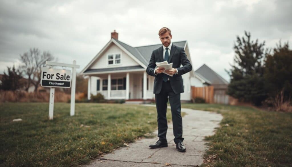 A distressed individual looking at a house with an uncertain expression, symbolizing the risks of buying a financed property. In the foreground, a worried person in professional attire stands on a path leading to the house, clutching financial documents. In the middle ground, the house appears charming yet slightly foreboding, with a 'For Sale' sign and subtle signs of wear, hinting at potential issues. The background features a cloudy sky, creating a somber atmosphere, while soft, diffused lighting accentuates the person’s worried expression. The angle captures a slightly elevated view, inviting the viewer to consider both the allure and risks involved in property financing, without any text or distractions. A distressed individual looking at a house with an uncertain expression, symbolizing the risks of buying a financed property. In the foreground, a worried person in professional attire stands on a path leading to the house, clutching financial documents. In the middle ground, the house appears charming yet slightly foreboding, with a 'For Sale' sign and subtle signs of wear, hinting at potential issues. The background features a cloudy sky, creating a somber atmosphere, while soft, diffused lighting accentuates the person’s worried expression. The angle captures a slightly elevated view, inviting the viewer to consider both the allure and risks involved in property financing, without any text or distractions.