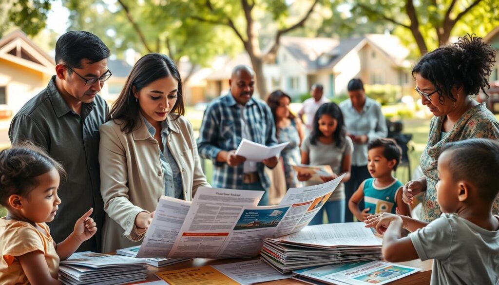 A diverse group of families in a warm, inviting community setting, gathered around a table filled with informational brochures about government housing subsidies. In the foreground, a middle-aged couple in professional attire, discussing the documents seriously. Children play nearby, creating a hopeful atmosphere. In the middle ground, other families engaged in conversation, some reviewing paperwork. The background features a neighborhood with modest homes, symbolizing potential future homeownership. Soft, natural lighting filters through trees, giving a sense of optimism and opportunity. The image should evoke a feeling of community support and the pursuit of a better life, with an emphasis on the accessibility of housing benefits. A diverse group of families in a warm, inviting community setting, gathered around a table filled with informational brochures about government housing subsidies. In the foreground, a middle-aged couple in professional attire, discussing the documents seriously. Children play nearby, creating a hopeful atmosphere. In the middle ground, other families engaged in conversation, some reviewing paperwork. The background features a neighborhood with modest homes, symbolizing potential future homeownership. Soft, natural lighting filters through trees, giving a sense of optimism and opportunity. The image should evoke a feeling of community support and the pursuit of a better life, with an emphasis on the accessibility of housing benefits.