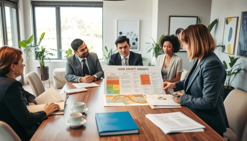 A diverse group of professionals gathered around a stylish conference table, engaged in a discussion about rental contracts in Brazil. In the foreground, a middle-aged woman in a smart business suit is pointing at a colorful, detailed diagram of various lease agreements. The table is littered with folders, legal documents, and coffee cups. In the middle, two men in business attire are listening intently, while a younger woman takes notes on a notepad. The background features a large window with natural light pouring in, creating a bright, productive atmosphere. The room is decorated with plants and modern artwork. The overall mood is collaborative and informative, reflecting the seriousness of rental agreements. A diverse group of professionals gathered around a stylish conference table, engaged in a discussion about rental contracts in Brazil. In the foreground, a middle-aged woman in a smart business suit is pointing at a colorful, detailed diagram of various lease agreements. The table is littered with folders, legal documents, and coffee cups. In the middle, two men in business attire are listening intently, while a younger woman takes notes on a notepad. The background features a large window with natural light pouring in, creating a bright, productive atmosphere. The room is decorated with plants and modern artwork. The overall mood is collaborative and informative, reflecting the seriousness of rental agreements.