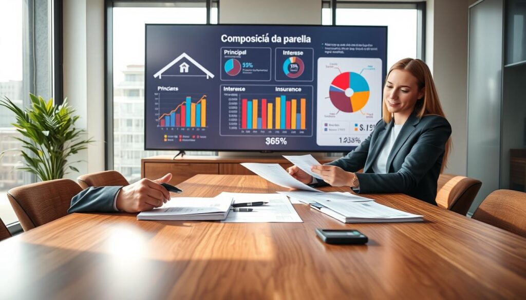 A dynamic financial scene depicting the concept of "composição da parcela" in a mortgage context. In the foreground, a well-dressed professional couple, seated at a sleek wooden table, analyzes financial documents and calculators, their expressions focused and determined. In the middle, colorful infographics and pie charts showcasing the breakdown of mortgage payments, including principal, interest, and insurance components, are displayed on a large screen behind them. The background features a modern office setting with large windows, allowing natural light to flood the space, illuminating the detailed documents on the table. The atmosphere is professional and engaging, encouraging a sense of clarity and teamwork. Shoot from a slight overhead angle to capture the couple's interaction with the visuals and maintain a warm, inviting ambiance with soft shadows and well-balanced lighting. A dynamic financial scene depicting the concept of "composição da parcela" in a mortgage context. In the foreground, a well-dressed professional couple, seated at a sleek wooden table, analyzes financial documents and calculators, their expressions focused and determined. In the middle, colorful infographics and pie charts showcasing the breakdown of mortgage payments, including principal, interest, and insurance components, are displayed on a large screen behind them. The background features a modern office setting with large windows, allowing natural light to flood the space, illuminating the detailed documents on the table. The atmosphere is professional and engaging, encouraging a sense of clarity and teamwork. Shoot from a slight overhead angle to capture the couple's interaction with the visuals and maintain a warm, inviting ambiance with soft shadows and well-balanced lighting.
