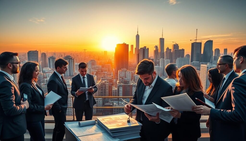 A dynamic panorama of the real estate market showcasing a vibrant urban skyline at sunset. In the foreground, a diverse group of professionals in smart business attire are engaged in discussions, examining architectural models and market reports. The middle ground features a variety of modern residential and commercial buildings, with 'For Sale' signs and construction sites visible. The background displays a bustling cityscape with skyscrapers reflecting warm sunlight, creating a sense of opportunity and growth. Soft, warm lighting enhances the atmosphere, while a slight lens flare adds vibrancy. The overall mood conveys professionalism, optimism, and the importance of informed decision-making in real estate investment. A dynamic panorama of the real estate market showcasing a vibrant urban skyline at sunset. In the foreground, a diverse group of professionals in smart business attire are engaged in discussions, examining architectural models and market reports. The middle ground features a variety of modern residential and commercial buildings, with 'For Sale' signs and construction sites visible. The background displays a bustling cityscape with skyscrapers reflecting warm sunlight, creating a sense of opportunity and growth. Soft, warm lighting enhances the atmosphere, while a slight lens flare adds vibrancy. The overall mood conveys professionalism, optimism, and the importance of informed decision-making in real estate investment.