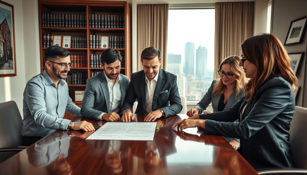 A dynamic scene depicting a real estate transaction in an office setting. In the foreground, a diverse group of four professionals—two men and two women—are reviewing a property contract on a polished wooden table, dressed in smart business attire. The middle ground features an elegant, contemporary office with a large window overlooking a cityscape, allowing natural light to illuminate the scene. In the background, shelves filled with legal books and framed documents related to property ownership hint at the formal processes involved. The mood is focused and collaborative, conveying a sense of importance and professionalism in property buying and selling. Soft shadows add depth to the image, while a slight soft-focus effect enhances the sense of a busy, yet organized environment. A dynamic scene depicting a real estate transaction in an office setting. In the foreground, a diverse group of four professionals—two men and two women—are reviewing a property contract on a polished wooden table, dressed in smart business attire. The middle ground features an elegant, contemporary office with a large window overlooking a cityscape, allowing natural light to illuminate the scene. In the background, shelves filled with legal books and framed documents related to property ownership hint at the formal processes involved. The mood is focused and collaborative, conveying a sense of importance and professionalism in property buying and selling. Soft shadows add depth to the image, while a slight soft-focus effect enhances the sense of a busy, yet organized environment.