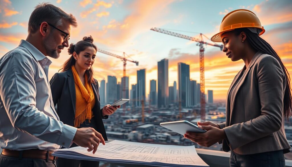 A dynamic scene illustrating the concept of "evolution of construction" in the context of real estate financing and the Caixa associativa credit system. In the foreground, a diverse group of professionals, including a white male architect and a Black female financial advisor, are engaged in a discussion, surrounded by blueprints and digital tablets showcasing evolving architectural designs. The middle ground features a modern construction site with cranes and workers in hard hats, symbolizing ongoing development. In the background, a skyline of impressive skyscrapers against a vibrant sunset sky represents growth and prosperity. The lighting is warm and inviting, emphasizing a collaborative and innovative atmosphere. Capture this from a slightly elevated angle to convey a sense of progress and unity in the evolving construction landscape. A dynamic scene illustrating the concept of "evolution of construction" in the context of real estate financing and the Caixa associativa credit system. In the foreground, a diverse group of professionals, including a white male architect and a Black female financial advisor, are engaged in a discussion, surrounded by blueprints and digital tablets showcasing evolving architectural designs. The middle ground features a modern construction site with cranes and workers in hard hats, symbolizing ongoing development. In the background, a skyline of impressive skyscrapers against a vibrant sunset sky represents growth and prosperity. The lighting is warm and inviting, emphasizing a collaborative and innovative atmosphere. Capture this from a slightly elevated angle to convey a sense of progress and unity in the evolving construction landscape.