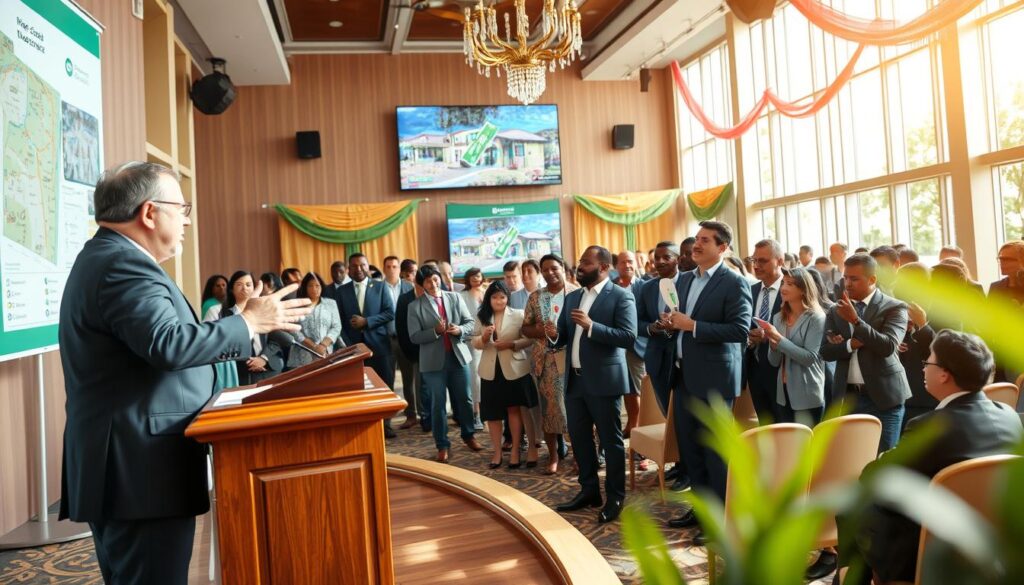 A dynamic scene illustrating the functioning of a real estate auction in Maringá, Brazil. In the foreground, a well-dressed auctioneer stands confidently beside a polished wooden podium, gesturing towards an audience of diverse, professionally attired bidders. The middle ground features participants engaged in bidding, some holding paddles, showing excitement and determination. A backdrop showcases an elegant auction venue with vibrant decorations, maps, and property listings displayed on screens. Natural sunlight streams in through large windows, creating a bright and inviting atmosphere. The image captures a sense of urgency and competition, with a focus on the energy of the bidders and the skilled auctioneer, framed with a soft depth of field to highlight the action. A dynamic scene illustrating the functioning of a real estate auction in Maringá, Brazil. In the foreground, a well-dressed auctioneer stands confidently beside a polished wooden podium, gesturing towards an audience of diverse, professionally attired bidders. The middle ground features participants engaged in bidding, some holding paddles, showing excitement and determination. A backdrop showcases an elegant auction venue with vibrant decorations, maps, and property listings displayed on screens. Natural sunlight streams in through large windows, creating a bright and inviting atmosphere. The image captures a sense of urgency and competition, with a focus on the energy of the bidders and the skilled auctioneer, framed with a soft depth of field to highlight the action.