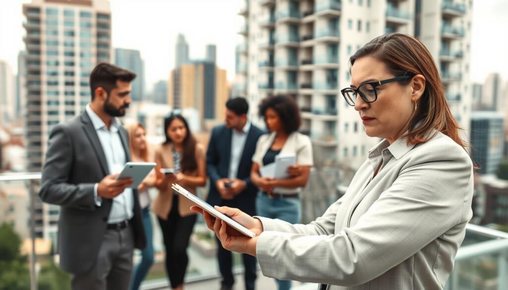A dynamic urban real estate scene featuring a professional property appraiser, dressed in business attire, inspecting a modern residential building. In the foreground, the appraiser holds a tablet and a clipboard, deeply focused on the evaluation process. The middle ground features a diverse group of interested buyers discussing property options, showcasing a mix of cultural backgrounds. In the background, a city skyline with various architectural styles emphasizes the bustling real estate market. Soft, natural lighting illuminates the scene, creating a professional yet inviting atmosphere. The angle should be slightly elevated to capture the entire context, emphasizing the importance of property evaluation in the banking process. A dynamic urban real estate scene featuring a professional property appraiser, dressed in business attire, inspecting a modern residential building. In the foreground, the appraiser holds a tablet and a clipboard, deeply focused on the evaluation process. The middle ground features a diverse group of interested buyers discussing property options, showcasing a mix of cultural backgrounds. In the background, a city skyline with various architectural styles emphasizes the bustling real estate market. Soft, natural lighting illuminates the scene, creating a professional yet inviting atmosphere. The angle should be slightly elevated to capture the entire context, emphasizing the importance of property evaluation in the banking process.