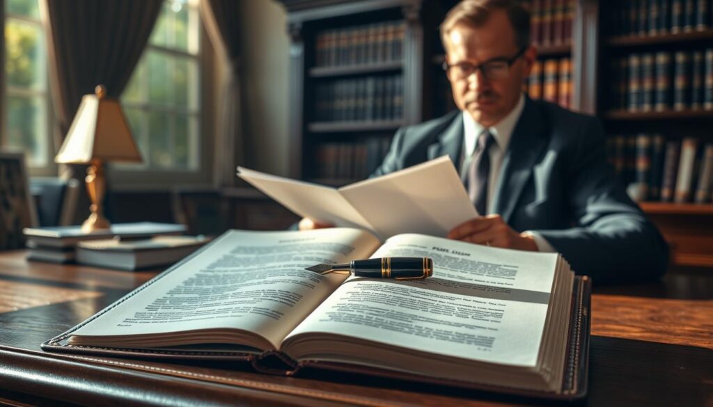 A focused scene featuring a dignified office environment, with a large wooden desk in the foreground holding an open leather-bound book displaying a detailed page of a public deed. Beside the book, a fountain pen glimmers in soft, warm lighting, casting gentle shadows. In the middle ground, a professional notary public, dressed in a sharp suit, attentively reviews documentation, their expression conveying seriousness and expertise. The background reveals bookshelves lined with legal volumes, suggesting a scholarly ambiance. Soft natural light streams through a window, enhancing the depth and warmth of the scene, while creating a calm yet authoritative atmosphere, suitable for illustrating legal concepts and differences between private contracts and public deeds. A focused scene featuring a dignified office environment, with a large wooden desk in the foreground holding an open leather-bound book displaying a detailed page of a public deed. Beside the book, a fountain pen glimmers in soft, warm lighting, casting gentle shadows. In the middle ground, a professional notary public, dressed in a sharp suit, attentively reviews documentation, their expression conveying seriousness and expertise. The background reveals bookshelves lined with legal volumes, suggesting a scholarly ambiance. Soft natural light streams through a window, enhancing the depth and warmth of the scene, while creating a calm yet authoritative atmosphere, suitable for illustrating legal concepts and differences between private contracts and public deeds.