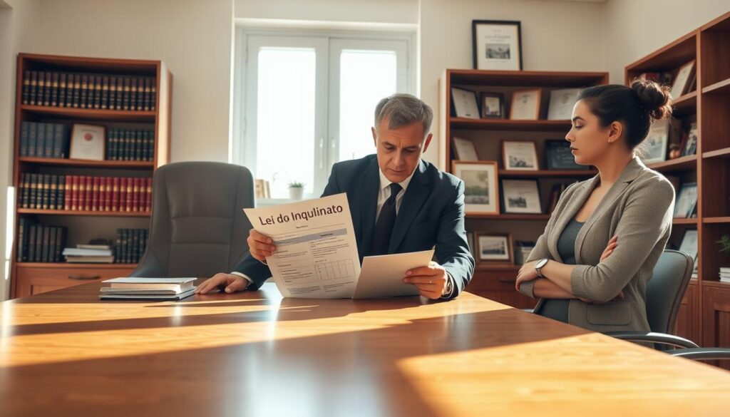A formal office setting with a large wooden desk in the foreground, where a middle-aged landlord and a young tenant are discussing rental adjustments. The landlord, dressed in a smart business suit, is pointing at a document outlining the "Lei do Inquilinato," while the tenant, in a professional but modest outfit, appears engaged and thoughtful. In the middle ground, a large window lets in soft, natural light, casting gentle shadows across the room. In the background, shelves filled with legal books and framed certificates emphasize the legal nature of their discussion. The atmosphere is serious yet collaborative, conveying the importance of understanding rental laws and negotiation strategies. The image captures a moment of professional discourse under warm, inviting light. A formal office setting with a large wooden desk in the foreground, where a middle-aged landlord and a young tenant are discussing rental adjustments. The landlord, dressed in a smart business suit, is pointing at a document outlining the "Lei do Inquilinato," while the tenant, in a professional but modest outfit, appears engaged and thoughtful. In the middle ground, a large window lets in soft, natural light, casting gentle shadows across the room. In the background, shelves filled with legal books and framed certificates emphasize the legal nature of their discussion. The atmosphere is serious yet collaborative, conveying the importance of understanding rental laws and negotiation strategies. The image captures a moment of professional discourse under warm, inviting light.