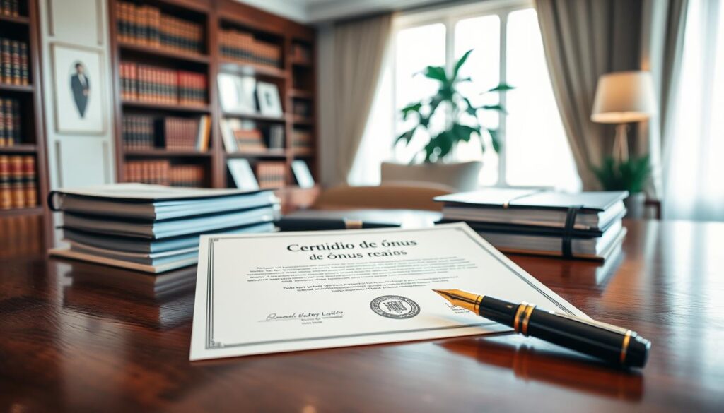 A formal scene depicting a "certidão de ônus reais," prominently displayed on a polished wooden desk. In the foreground, focus on the document, featuring a subtle watermark and legal seal, detailed with crisp, clear typography. Surrounding the document, arrange neatly stacked legal files and a sophisticated fountain pen. In the middle ground, capture a soft-focus image of an elegantly designed office with warm, ambient lighting filtering through a window. The background includes bookshelves filled with legal texts and a potted plant for a touch of freshness. The atmosphere should convey professionalism and clarity, reflecting the importance of the document in legal transactions. Use a slight overhead angle to emphasize the document and the items on the desk. A formal scene depicting a "certidão de ônus reais," prominently displayed on a polished wooden desk. In the foreground, focus on the document, featuring a subtle watermark and legal seal, detailed with crisp, clear typography. Surrounding the document, arrange neatly stacked legal files and a sophisticated fountain pen. In the middle ground, capture a soft-focus image of an elegantly designed office with warm, ambient lighting filtering through a window. The background includes bookshelves filled with legal texts and a potted plant for a touch of freshness. The atmosphere should convey professionalism and clarity, reflecting the importance of the document in legal transactions. Use a slight overhead angle to emphasize the document and the items on the desk.