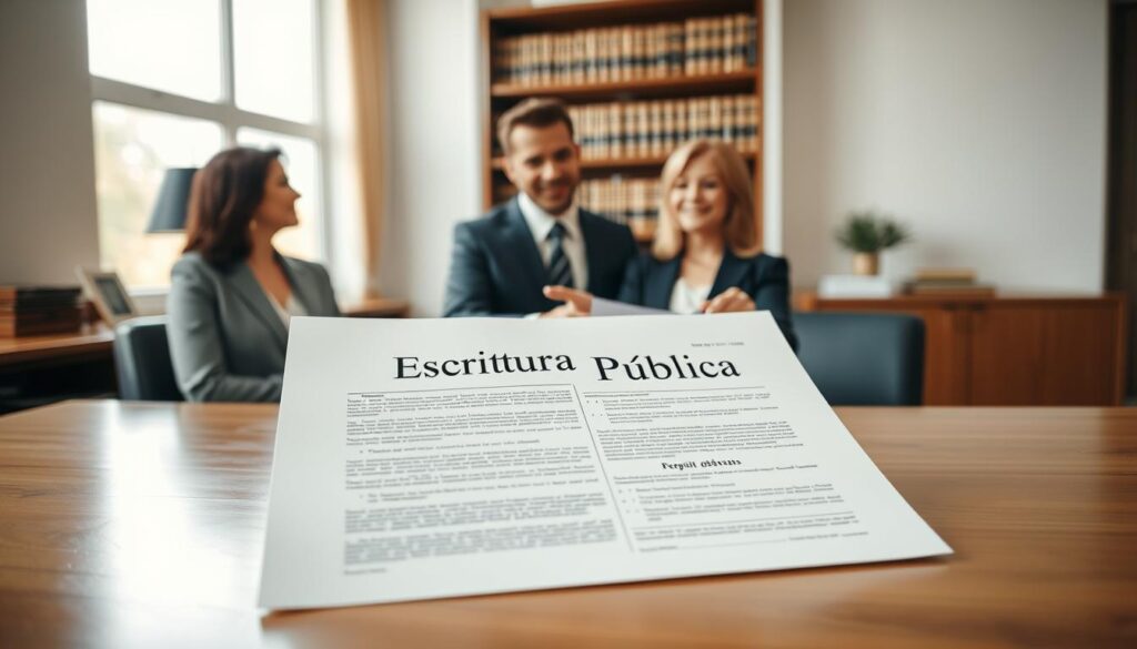 A formal setting in a well-lit office with a wooden desk as the foreground. On the desk, an open legal document titled "Escritura Pública," with visible text and lines for signatures, conveys the importance of the subject. In the middle ground, two professionals in business attire—one male and one female—engaged in discussion, pointing at the document to emphasize collaboration and understanding. The background features a bookshelf filled with law books and a window with natural light streaming in, creating an inviting and professional atmosphere. The overall mood is serious yet approachable, reflecting the concept of public deeds and their significance in legal transactions. The camera angle is slightly above eye level to capture the interaction naturally. A formal setting in a well-lit office with a wooden desk as the foreground. On the desk, an open legal document titled "Escritura Pública," with visible text and lines for signatures, conveys the importance of the subject. In the middle ground, two professionals in business attire—one male and one female—engaged in discussion, pointing at the document to emphasize collaboration and understanding. The background features a bookshelf filled with law books and a window with natural light streaming in, creating an inviting and professional atmosphere. The overall mood is serious yet approachable, reflecting the concept of public deeds and their significance in legal transactions. The camera angle is slightly above eye level to capture the interaction naturally.
