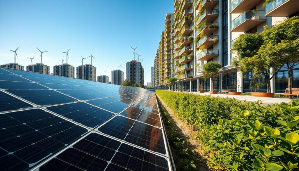 A harmonious urban environment showcasing sustainable technology in a modern condominium setting. In the foreground, a sleek solar panel array with green vegetation blooming around it. In the middle, smart lighting systems illuminate walkways lined with eco-friendly materials, while innovative waste management solutions subtly integrate into the design. The background features high-rise buildings with vertical gardens and wind turbines atop, all under a clear blue sky. Utilize natural lighting to evoke a fresh, optimistic atmosphere, with an emphasis on energy efficiency and modern living. Capture the scene from a slightly elevated angle to highlight the interplay of nature and technology, ensuring the composition feels balanced and inviting, embodying modern urban sustainability. A harmonious urban environment showcasing sustainable technology in a modern condominium setting. In the foreground, a sleek solar panel array with green vegetation blooming around it. In the middle, smart lighting systems illuminate walkways lined with eco-friendly materials, while innovative waste management solutions subtly integrate into the design. The background features high-rise buildings with vertical gardens and wind turbines atop, all under a clear blue sky. Utilize natural lighting to evoke a fresh, optimistic atmosphere, with an emphasis on energy efficiency and modern living. Capture the scene from a slightly elevated angle to highlight the interplay of nature and technology, ensuring the composition feels balanced and inviting, embodying modern urban sustainability.