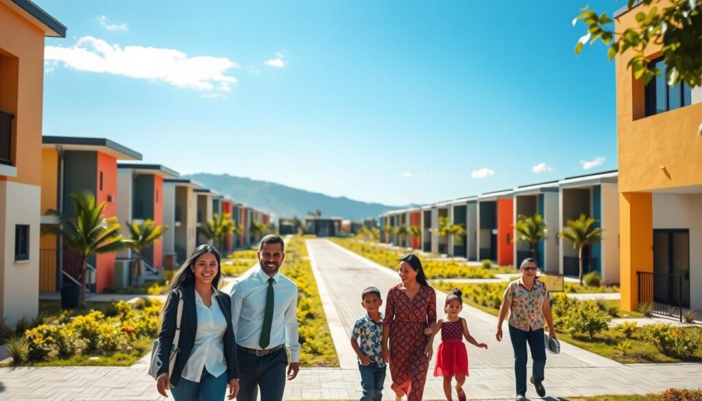 A harmonious urban scene showcasing the essence of the "Minha Casa Minha Vida" program in Maringá. In the foreground, diverse families including a couple in professional attire and children joyfully interacting near a welcoming community housing development, reflecting hope and stability. The middle ground features neat rows of modern, affordable houses designed with vibrant colors and green spaces, symbolizing accessibility and community spirit. In the background, a clear blue sky enhances the brightness, while soft sunlight casts gentle shadows, suggesting a warm and inviting atmosphere. The image captures a bustling yet serene neighborhood, embodying the program's mission to provide homes for families in need. A harmonious urban scene showcasing the essence of the "Minha Casa Minha Vida" program in Maringá. In the foreground, diverse families including a couple in professional attire and children joyfully interacting near a welcoming community housing development, reflecting hope and stability. The middle ground features neat rows of modern, affordable houses designed with vibrant colors and green spaces, symbolizing accessibility and community spirit. In the background, a clear blue sky enhances the brightness, while soft sunlight casts gentle shadows, suggesting a warm and inviting atmosphere. The image captures a bustling yet serene neighborhood, embodying the program's mission to provide homes for families in need.