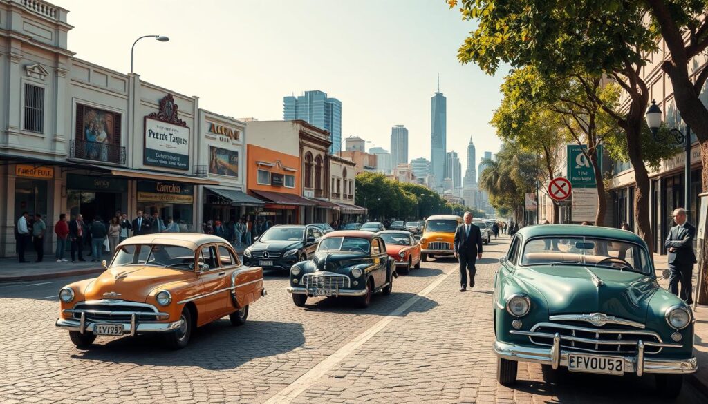 A historical depiction of Avenida Pedro Taques in Maringá, showcasing its evolution over time. The foreground features a cobblestone street with vintage cars from the 1960s, representing the past. In the middle ground, include a bustling scene of local businesses from various eras, with people in professional business attire walking by and engaging in activities. The background reveals a modern skyline, symbolizing development, with lush greenery along the avenue. The lighting is warm and inviting, suggesting a sunny afternoon. Use a wide-angle lens to capture the expanse of the avenue and create depth. The overall mood is nostalgic yet vibrant, illustrating a blend of history and contemporary life along this vital thoroughfare. A historical depiction of Avenida Pedro Taques in Maringá, showcasing its evolution over time. The foreground features a cobblestone street with vintage cars from the 1960s, representing the past. In the middle ground, include a bustling scene of local businesses from various eras, with people in professional business attire walking by and engaging in activities. The background reveals a modern skyline, symbolizing development, with lush greenery along the avenue. The lighting is warm and inviting, suggesting a sunny afternoon. Use a wide-angle lens to capture the expanse of the avenue and create depth. The overall mood is nostalgic yet vibrant, illustrating a blend of history and contemporary life along this vital thoroughfare.