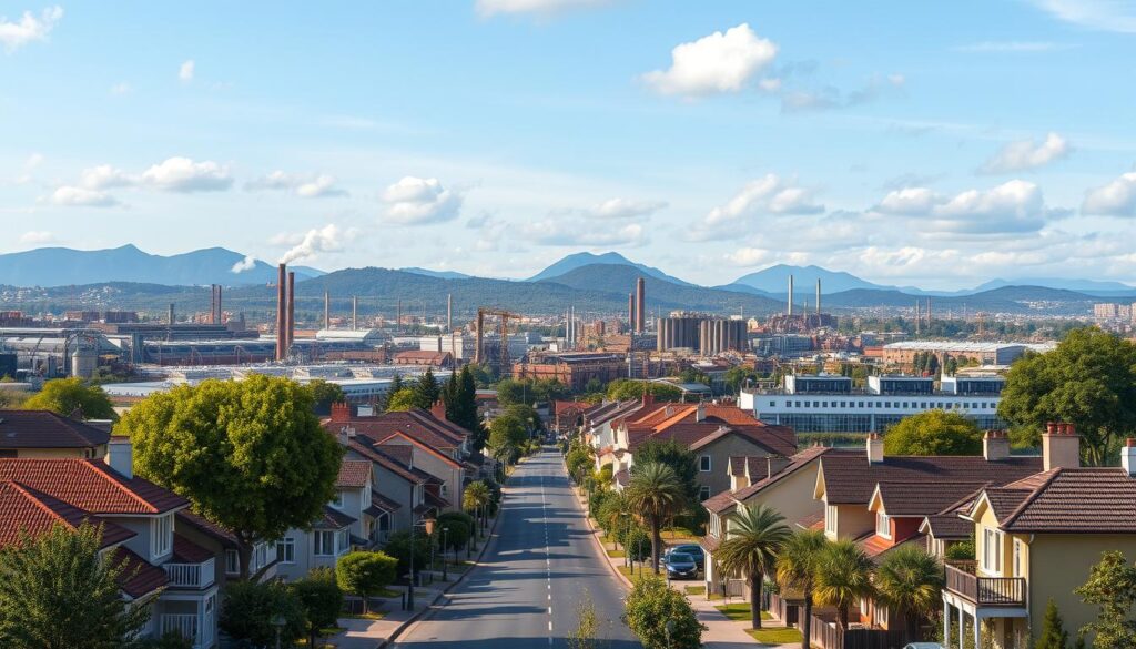 A historical representation of the Floriano district, showcasing its industrial and residential development. In the foreground, depict a welcoming residential street with diverse, modern homes and green trees lining the sidewalks. In the middle ground, illustrate a bustling industrial area with factories and warehouses, featuring smokestacks and machinery, showing the district's industrial roots. In the background, include distant hills and a blue sky adorned with soft clouds, reflecting a serene yet industrious atmosphere. Use warm, ambient lighting to evoke a sense of community and growth, with a slightly elevated angle as if viewed from a nearby hilltop to capture the expansive view of Floriano's evolution. No people or text in the image. A historical representation of the Floriano district, showcasing its industrial and residential development. In the foreground, depict a welcoming residential street with diverse, modern homes and green trees lining the sidewalks. In the middle ground, illustrate a bustling industrial area with factories and warehouses, featuring smokestacks and machinery, showing the district's industrial roots. In the background, include distant hills and a blue sky adorned with soft clouds, reflecting a serene yet industrious atmosphere. Use warm, ambient lighting to evoke a sense of community and growth, with a slightly elevated angle as if viewed from a nearby hilltop to capture the expansive view of Floriano's evolution. No people or text in the image.