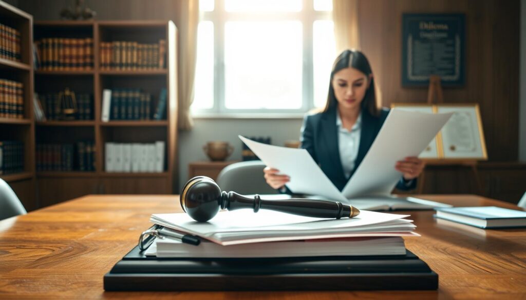 A legal office interior, featuring a large wooden desk in the foreground with a stack of legal documents and a gavel resting on top. In the middle ground, a professional-looking woman in business attire is reviewing a contract with a focused expression, representing the legal intricacies of the "Lei do Inquilinato." To the background, a bookshelf filled with law books and a diploma on the wall to symbolize the legal profession. Soft, natural lighting streams through large windows, casting a warm glow over the scene, enhancing the atmosphere of seriousness and professionalism. The image should evoke a sense of trust and authority in the legal field. A legal office interior, featuring a large wooden desk in the foreground with a stack of legal documents and a gavel resting on top. In the middle ground, a professional-looking woman in business attire is reviewing a contract with a focused expression, representing the legal intricacies of the "Lei do Inquilinato." To the background, a bookshelf filled with law books and a diploma on the wall to symbolize the legal profession. Soft, natural lighting streams through large windows, casting a warm glow over the scene, enhancing the atmosphere of seriousness and professionalism. The image should evoke a sense of trust and authority in the legal field.