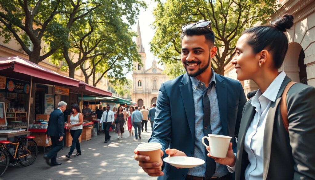 A lively street scene in Maringá, Brazil, showcasing diverse professionals engaged in conversations and networking. In the foreground, two individuals in smart business attire are exchanging ideas over a coffee, capturing the essence of collaboration. The middle ground features a bustling outdoor market with various small businesses, highlighting the region's growing job sectors. The background includes Maringá’s distinctive architecture, such as the iconic Cathedral of Maringá, under a bright and inviting sky. Soft sunlight filters through lush green trees, creating a warm, optimistic mood. The angle is slightly elevated to capture the vibrancy of the scene, emphasizing the dynamic work atmosphere. The overall feel should evoke opportunities and growth, reflecting Maringá's current job market landscape. A lively street scene in Maringá, Brazil, showcasing diverse professionals engaged in conversations and networking. In the foreground, two individuals in smart business attire are exchanging ideas over a coffee, capturing the essence of collaboration. The middle ground features a bustling outdoor market with various small businesses, highlighting the region's growing job sectors. The background includes Maringá’s distinctive architecture, such as the iconic Cathedral of Maringá, under a bright and inviting sky. Soft sunlight filters through lush green trees, creating a warm, optimistic mood. The angle is slightly elevated to capture the vibrancy of the scene, emphasizing the dynamic work atmosphere. The overall feel should evoke opportunities and growth, reflecting Maringá's current job market landscape.