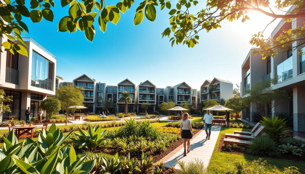 A lush, eco-friendly condominium complex set in the heart of Maringá, featuring modern architecture harmoniously integrated into nature. In the foreground, vibrant green landscaping with native plants surrounds sleek, sustainable buildings with large windows reflecting natural light. The middle ground showcases residents enjoying outdoor spaces, like a community garden and relaxing areas with shaded seating, all in stylish yet casual attire. In the background, a clear blue sky and soft sunlight create a warm, inviting atmosphere, emphasizing sustainability and luxury. Capture the scene with a wide-angle lens to accentuate the openness of the space and the connection with nature, conveying an atmosphere of calm and community spirit. A lush, eco-friendly condominium complex set in the heart of Maringá, featuring modern architecture harmoniously integrated into nature. In the foreground, vibrant green landscaping with native plants surrounds sleek, sustainable buildings with large windows reflecting natural light. The middle ground showcases residents enjoying outdoor spaces, like a community garden and relaxing areas with shaded seating, all in stylish yet casual attire. In the background, a clear blue sky and soft sunlight create a warm, inviting atmosphere, emphasizing sustainability and luxury. Capture the scene with a wide-angle lens to accentuate the openness of the space and the connection with nature, conveying an atmosphere of calm and community spirit.
