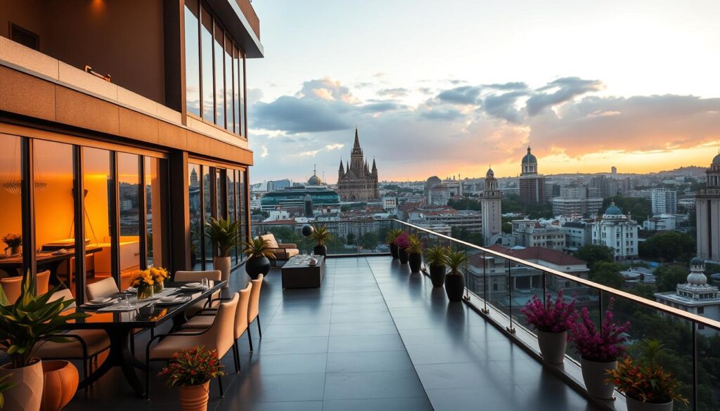 A luxurious duplex penthouse in Maringá, featuring a spacious terrace with elegant outdoor furniture, overlooking the city skyline at sunset. The foreground shows a beautifully arranged dining area with modern decor, surrounded by vibrant potted plants. In the middle, large glass windows reflect the warm golden hues of the sunset, creating an inviting atmosphere. The background captures the iconic buildings of Maringá, with a view of the Cathedral and lush greenery in the distance. Soft, diffused lighting enhances the scene, evoking a feeling of tranquility and sophistication. The angle is slightly elevated to emphasize the expansive view and the luxurious characteristics of the penthouse. The image conveys an aspirational mood, perfect for potential investors seeking exclusive properties in the city. A luxurious duplex penthouse in Maringá, featuring a spacious terrace with elegant outdoor furniture, overlooking the city skyline at sunset. The foreground shows a beautifully arranged dining area with modern decor, surrounded by vibrant potted plants. In the middle, large glass windows reflect the warm golden hues of the sunset, creating an inviting atmosphere. The background captures the iconic buildings of Maringá, with a view of the Cathedral and lush greenery in the distance. Soft, diffused lighting enhances the scene, evoking a feeling of tranquility and sophistication. The angle is slightly elevated to emphasize the expansive view and the luxurious characteristics of the penthouse. The image conveys an aspirational mood, perfect for potential investors seeking exclusive properties in the city.