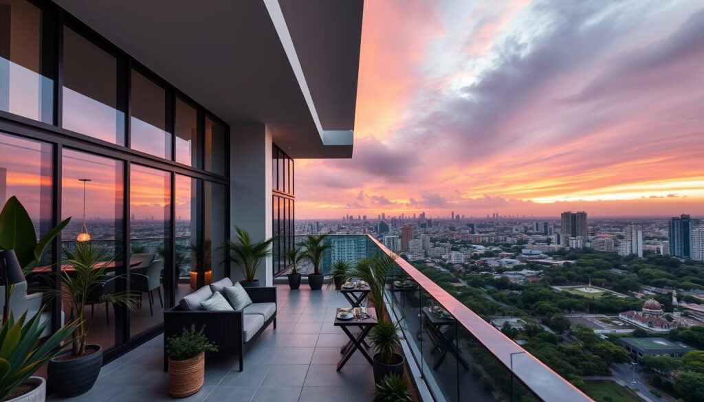 A luxurious duplex penthouse in Maringá, showcasing stunning panoramic views of the city skyline. In the foreground, the elegant balcony features stylish outdoor furniture, potted plants, and a small table set for a cozy evening. The middle ground reveals the modern architecture of the duplex, with large glass windows reflecting the warm glow of the sunset. The background captures the vibrant cityscape of Maringá, including notable landmarks and lush green parks, with a colorful sky transitioning from orange to deep purple. Utilize natural lighting to create a soft, inviting atmosphere, and a slightly elevated angle to emphasize the grandeur of the terrace and its breathtaking vistas. The scene conveys luxury, serenity, and a connection to urban life. A luxurious duplex penthouse in Maringá, showcasing stunning panoramic views of the city skyline. In the foreground, the elegant balcony features stylish outdoor furniture, potted plants, and a small table set for a cozy evening. The middle ground reveals the modern architecture of the duplex, with large glass windows reflecting the warm glow of the sunset. The background captures the vibrant cityscape of Maringá, including notable landmarks and lush green parks, with a colorful sky transitioning from orange to deep purple. Utilize natural lighting to create a soft, inviting atmosphere, and a slightly elevated angle to emphasize the grandeur of the terrace and its breathtaking vistas. The scene conveys luxury, serenity, and a connection to urban life.