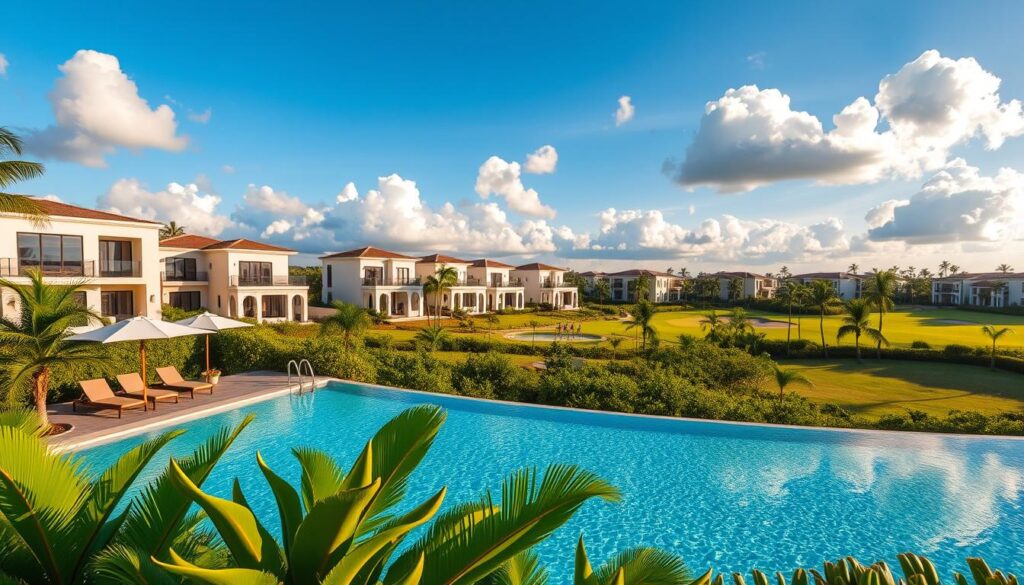 A luxurious gated community in Maringá, showcasing modern recreational infrastructure. In the foreground, a sparkling infinity pool with lounge chairs and umbrellas, surrounded by tropical greenery. In the middle ground, elegant homes with contemporary architecture, featuring large windows and terraces, creating a sense of high living standards. The background reveals lush landscaped gardens and a golf course, under a bright blue sky with fluffy white clouds, evoking a peaceful atmosphere. Soft, warm lighting emphasizes the vibrancy of the scene, with a slight lens flair to create a dreamy effect. The angle should capture the depth and spaciousness of the environment, inviting viewers to imagine life in this upscale neighborhood. A luxurious gated community in Maringá, showcasing modern recreational infrastructure. In the foreground, a sparkling infinity pool with lounge chairs and umbrellas, surrounded by tropical greenery. In the middle ground, elegant homes with contemporary architecture, featuring large windows and terraces, creating a sense of high living standards. The background reveals lush landscaped gardens and a golf course, under a bright blue sky with fluffy white clouds, evoking a peaceful atmosphere. Soft, warm lighting emphasizes the vibrancy of the scene, with a slight lens flair to create a dreamy effect. The angle should capture the depth and spaciousness of the environment, inviting viewers to imagine life in this upscale neighborhood.
