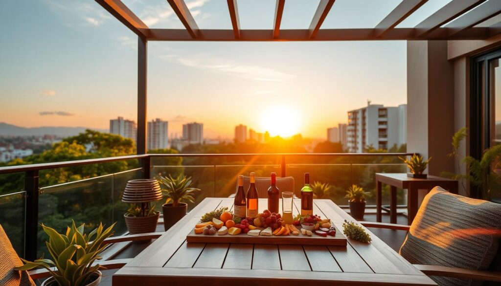 A luxurious gourmet balcony in Maringá, featuring elegant outdoor furniture like a wooden dining table and comfortable chairs, adorned with vibrant plants. In the foreground, set a beautifully arranged charcuterie board with an assortment of fresh fruits, cheeses, and wines. The middle ground captures a stunning view of the Maringá skyline during a golden hour sunset, where warm, soft lighting enhances the atmosphere. In the background, lush green trees and modern apartment buildings blend seamlessly into the scene. The image should reflect a cozy yet sophisticated environment, appealing to those seeking upscale urban living. Utilize a shallow depth of field to create a dreamy effect while keeping the focus on the balcony details. The mood is inviting and serene, perfect for outdoor dining and relaxation. A luxurious gourmet balcony in Maringá, featuring elegant outdoor furniture like a wooden dining table and comfortable chairs, adorned with vibrant plants. In the foreground, set a beautifully arranged charcuterie board with an assortment of fresh fruits, cheeses, and wines. The middle ground captures a stunning view of the Maringá skyline during a golden hour sunset, where warm, soft lighting enhances the atmosphere. In the background, lush green trees and modern apartment buildings blend seamlessly into the scene. The image should reflect a cozy yet sophisticated environment, appealing to those seeking upscale urban living. Utilize a shallow depth of field to create a dreamy effect while keeping the focus on the balcony details. The mood is inviting and serene, perfect for outdoor dining and relaxation.