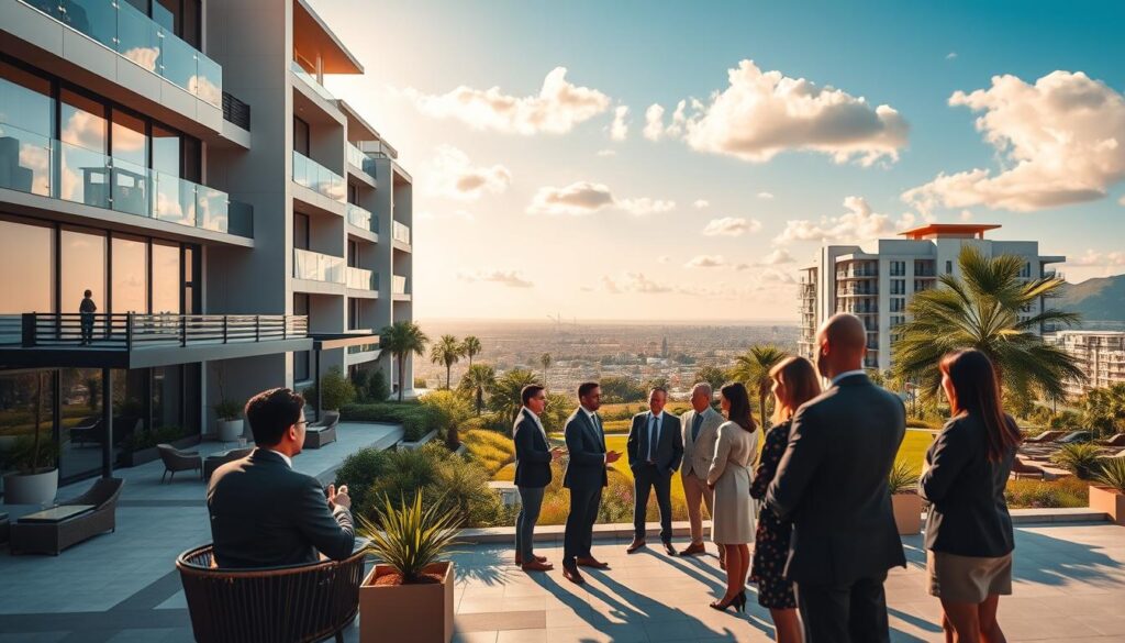 A luxurious real estate market scene in Marialva, showcasing opulent condominiums with modern architecture nestled in a beautifully landscaped area. In the foreground, a sleek, contemporary building with large glass windows reflects the sunlight, surrounded by vibrant greenery and elegant outdoor seating areas. The middle ground features a diverse group of professionally dressed individuals engaging in discussion about property investment, portraying a sense of community and opportunity. The background presents a panoramic view of the Marialva skyline under a bright blue sky, with soft clouds scattered, creating a serene yet sophisticated atmosphere. The lighting is warm and inviting, enhancing the luxurious feel of the scene, captured from a low-angle perspective to emphasize grandeur and depth. A luxurious real estate market scene in Marialva, showcasing opulent condominiums with modern architecture nestled in a beautifully landscaped area. In the foreground, a sleek, contemporary building with large glass windows reflects the sunlight, surrounded by vibrant greenery and elegant outdoor seating areas. The middle ground features a diverse group of professionally dressed individuals engaging in discussion about property investment, portraying a sense of community and opportunity. The background presents a panoramic view of the Marialva skyline under a bright blue sky, with soft clouds scattered, creating a serene yet sophisticated atmosphere. The lighting is warm and inviting, enhancing the luxurious feel of the scene, captured from a low-angle perspective to emphasize grandeur and depth.