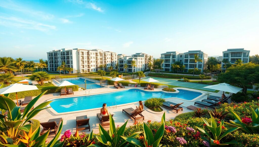 A luxurious resort living environment in Maringá, showcasing vibrant landscaped gardens filled with tropical plants and flowers. In the foreground, a stylish swimming pool with lounge chairs and umbrellas, where individuals in modest casual clothing enjoy the serene atmosphere. The middle ground features elegant condominium buildings with modern architecture, surrounded by recreational spaces like tennis courts and walking paths. In the background, a clear blue sky with soft, warm sunlight illuminating the scene, creating a peaceful and inviting mood. The angle is slightly elevated, capturing the harmony of nature and contemporary living, emphasizing relaxation and leisure in a resort-style community. A luxurious resort living environment in Maringá, showcasing vibrant landscaped gardens filled with tropical plants and flowers. In the foreground, a stylish swimming pool with lounge chairs and umbrellas, where individuals in modest casual clothing enjoy the serene atmosphere. The middle ground features elegant condominium buildings with modern architecture, surrounded by recreational spaces like tennis courts and walking paths. In the background, a clear blue sky with soft, warm sunlight illuminating the scene, creating a peaceful and inviting mood. The angle is slightly elevated, capturing the harmony of nature and contemporary living, emphasizing relaxation and leisure in a resort-style community.