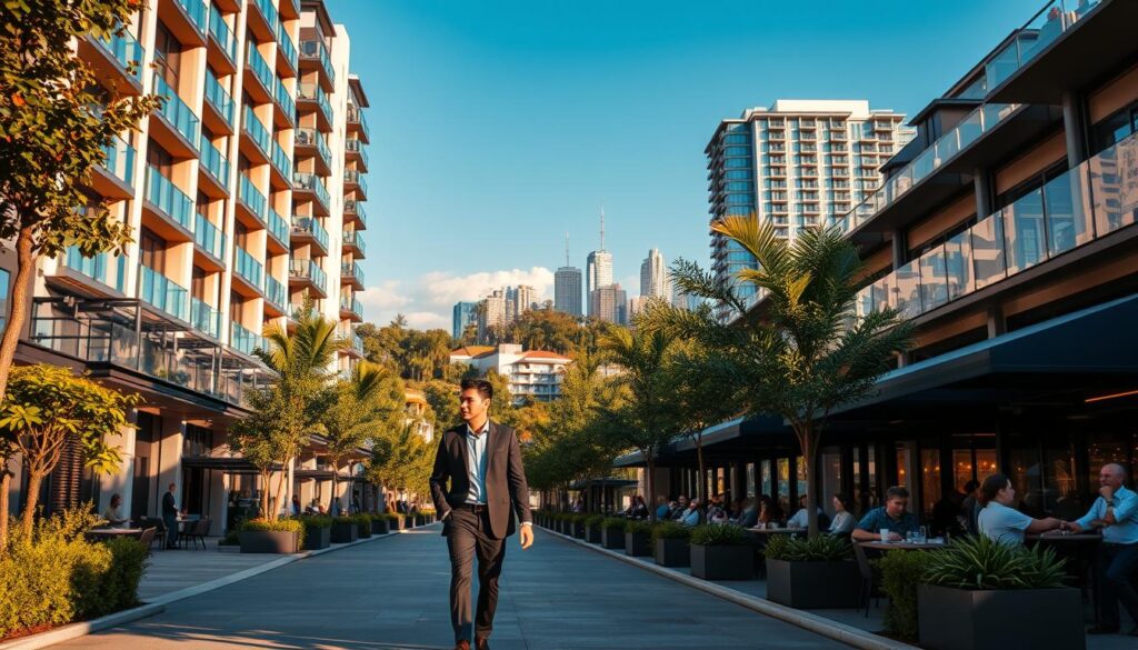 A luxurious urban scene in the Zona 03 neighborhood, showcasing elegant modern apartment buildings with sleek glass facades and lush landscaping. In the foreground, a well-dressed couple in business attire strolls down a tree-lined street, holding hands and enjoying the vibrant atmosphere. The middle ground features upscale cafes with outdoor seating, filled with patrons enjoying their coffee and conversations. In the background, a beautiful skyline with contemporary architecture stretches against a clear blue sky, bathed in warm afternoon sunlight. The mood is aspirational and vibrant, capturing the allure of sophisticated city living. The lighting is soft and inviting, creating a welcoming ambiance while emphasizing the upscale nature of the area. A luxurious urban scene in the Zona 03 neighborhood, showcasing elegant modern apartment buildings with sleek glass facades and lush landscaping. In the foreground, a well-dressed couple in business attire strolls down a tree-lined street, holding hands and enjoying the vibrant atmosphere. The middle ground features upscale cafes with outdoor seating, filled with patrons enjoying their coffee and conversations. In the background, a beautiful skyline with contemporary architecture stretches against a clear blue sky, bathed in warm afternoon sunlight. The mood is aspirational and vibrant, capturing the allure of sophisticated city living. The lighting is soft and inviting, creating a welcoming ambiance while emphasizing the upscale nature of the area.