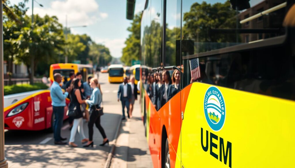 A modern UEM bus in vibrant colors, featuring the logo of the Universidade Estadual de Maringá (UEM), parked at a bus stop. In the foreground, the bus is detailed with reflections of sunlight showcasing its polished surface. In the middle ground, university students in professional attire, such as smart casual clothing, gather around the bus, appearing engaged in conversation and waiting to board. In the background, a bustling Maringá street is depicted, with greenery lining the road and other buses in motion, conveying a sense of urban activity. The lighting is bright and warm, suggesting a sunny day, with soft shadows enhancing the depth of the scene. The atmosphere feels vibrant and lively, promoting a sense of community and accessibility for university transport. A modern UEM bus in vibrant colors, featuring the logo of the Universidade Estadual de Maringá (UEM), parked at a bus stop. In the foreground, the bus is detailed with reflections of sunlight showcasing its polished surface. In the middle ground, university students in professional attire, such as smart casual clothing, gather around the bus, appearing engaged in conversation and waiting to board. In the background, a bustling Maringá street is depicted, with greenery lining the road and other buses in motion, conveying a sense of urban activity. The lighting is bright and warm, suggesting a sunny day, with soft shadows enhancing the depth of the scene. The atmosphere feels vibrant and lively, promoting a sense of community and accessibility for university transport.