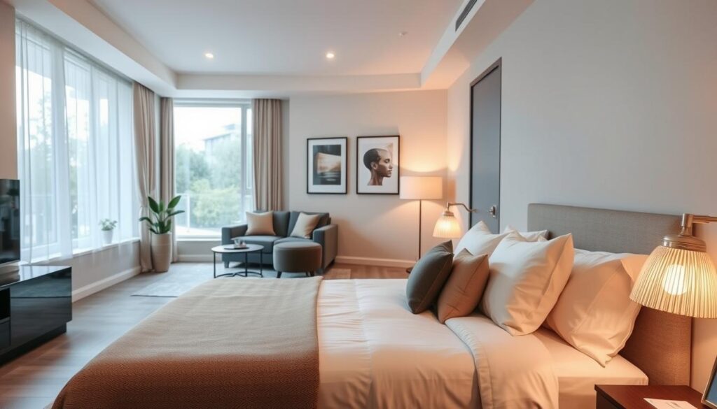 A modern and inviting apartment quarter (quarto) interior, showcasing a stylish bedroom and a comfortable living space. In the foreground, a neatly made bed with plush linens and decorative pillows, complemented by elegant bedside lamps casting a warm glow. In the middle, a cozy seating area featuring a sleek sofa, tasteful artwork on the walls, and a small coffee table adorned with a plant. The background reveals a large window that floods the room with natural light, offering a view of greenery outside. Use soft, diffused lighting to create a welcoming atmosphere, with a focal point capturing the harmonious layout and modern design elements. The mood should evoke a sense of warmth and practicality, reflecting the essence of a well-planned space ideal for potential buyers. A modern and inviting apartment quarter (quarto) interior, showcasing a stylish bedroom and a comfortable living space. In the foreground, a neatly made bed with plush linens and decorative pillows, complemented by elegant bedside lamps casting a warm glow. In the middle, a cozy seating area featuring a sleek sofa, tasteful artwork on the walls, and a small coffee table adorned with a plant. The background reveals a large window that floods the room with natural light, offering a view of greenery outside. Use soft, diffused lighting to create a welcoming atmosphere, with a focal point capturing the harmonious layout and modern design elements. The mood should evoke a sense of warmth and practicality, reflecting the essence of a well-planned space ideal for potential buyers.