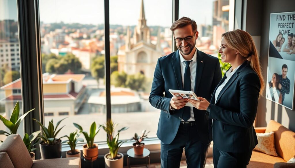 A modern and inviting real estate office setting in Maringá, Brazil. In the foreground, a professional real estate agent, dressed in smart business attire, is engaged in a discussion with a prospective tenant, both smiling and looking at a tablet displaying apartment listings. The middle features large windows showcasing a vibrant cityscape with the iconic Maringá Cathedral in the distance, and a cozy waiting area adorned with house plants and motivational posters about finding the perfect home. The background is bathed in warm, natural light streaming in from the windows, creating a friendly atmosphere. The angle is slightly elevated, giving a comprehensive view of the space and the interaction. The overall mood is optimistic and professional, illustrating the essence of the rental process in Maringá. A modern and inviting real estate office setting in Maringá, Brazil. In the foreground, a professional real estate agent, dressed in smart business attire, is engaged in a discussion with a prospective tenant, both smiling and looking at a tablet displaying apartment listings. The middle features large windows showcasing a vibrant cityscape with the iconic Maringá Cathedral in the distance, and a cozy waiting area adorned with house plants and motivational posters about finding the perfect home. The background is bathed in warm, natural light streaming in from the windows, creating a friendly atmosphere. The angle is slightly elevated, giving a comprehensive view of the space and the interaction. The overall mood is optimistic and professional, illustrating the essence of the rental process in Maringá.