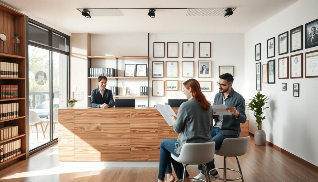 A modern and inviting registro cartório office interior, showcasing a sleek wooden reception desk with a friendly clerk in professional attire welcoming clients. In the foreground, a couple in modest casual clothing is seated across from the desk, reviewing paperwork with expressions of curiosity and excitement. The middle ground features shelves filled with legal books and neatly organized files, while soft, natural light floods the space through large windows, creating a warm atmosphere. In the background, a wall adorned with certificates and framed licenses emphasizes the professionalism of the setting. The overall mood is hopeful and supportive, reflecting the important step of financing a first home in Jardim Alvorada. A modern and inviting registro cartório office interior, showcasing a sleek wooden reception desk with a friendly clerk in professional attire welcoming clients. In the foreground, a couple in modest casual clothing is seated across from the desk, reviewing paperwork with expressions of curiosity and excitement. The middle ground features shelves filled with legal books and neatly organized files, while soft, natural light floods the space through large windows, creating a warm atmosphere. In the background, a wall adorned with certificates and framed licenses emphasizes the professionalism of the setting. The overall mood is hopeful and supportive, reflecting the important step of financing a first home in Jardim Alvorada.