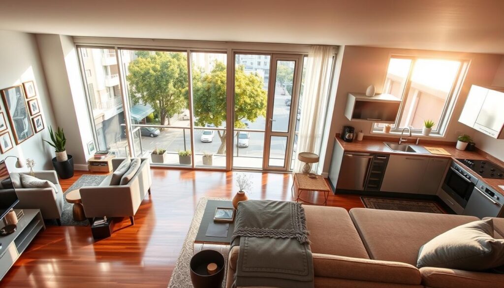 A modern and stylish apartment situated in the vibrant Zona 03 of Maringá, showcasing an inviting living room with large windows letting in warm, natural light. The foreground features a cozy, well-decorated interior with contemporary furniture, a plush sofa, and a coffee table adorned with decorative items. In the middle ground, a spacious kitchen can be seen, equipped with stainless steel appliances and a dining area, while polished wooden floors add warmth to the scene. In the background, a sunny balcony overlooks a bustling city street, with trees lining the avenue, enhancing the urban feel. The atmosphere is bright and welcoming, capturing the essence of a desirable living space. The image is well-lit, suggesting a late afternoon glow, shot from a wide-angle perspective to encompass the entire apartment layout. A modern and stylish apartment situated in the vibrant Zona 03 of Maringá, showcasing an inviting living room with large windows letting in warm, natural light. The foreground features a cozy, well-decorated interior with contemporary furniture, a plush sofa, and a coffee table adorned with decorative items. In the middle ground, a spacious kitchen can be seen, equipped with stainless steel appliances and a dining area, while polished wooden floors add warmth to the scene. In the background, a sunny balcony overlooks a bustling city street, with trees lining the avenue, enhancing the urban feel. The atmosphere is bright and welcoming, capturing the essence of a desirable living space. The image is well-lit, suggesting a late afternoon glow, shot from a wide-angle perspective to encompass the entire apartment layout.