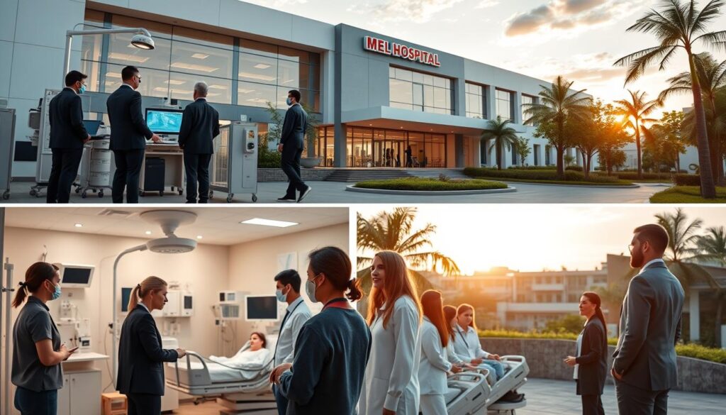 A modern and well-equipped hospital in Maringá, showcasing its unique services and strengths. In the foreground, a diverse group of healthcare professionals, dressed in smart business attire, discuss medical equipment and patient care amidst state-of-the-art technology. In the middle ground, patients receive care in comfortable, well-lit treatment areas emphasizing warmth and reassurance. The background features the exterior of the hospital, designed with contemporary architecture surrounded by lush greenery and bright skies, reflecting a welcoming atmosphere. The image is captured during the golden hour, casting soft, warm light to enhance the overall serene and professional mood. The angle should be slightly elevated to incorporate both the bustling activity inside and the inviting exterior of the hospital. A modern and well-equipped hospital in Maringá, showcasing its unique services and strengths. In the foreground, a diverse group of healthcare professionals, dressed in smart business attire, discuss medical equipment and patient care amidst state-of-the-art technology. In the middle ground, patients receive care in comfortable, well-lit treatment areas emphasizing warmth and reassurance. The background features the exterior of the hospital, designed with contemporary architecture surrounded by lush greenery and bright skies, reflecting a welcoming atmosphere. The image is captured during the golden hour, casting soft, warm light to enhance the overall serene and professional mood. The angle should be slightly elevated to incorporate both the bustling activity inside and the inviting exterior of the hospital.