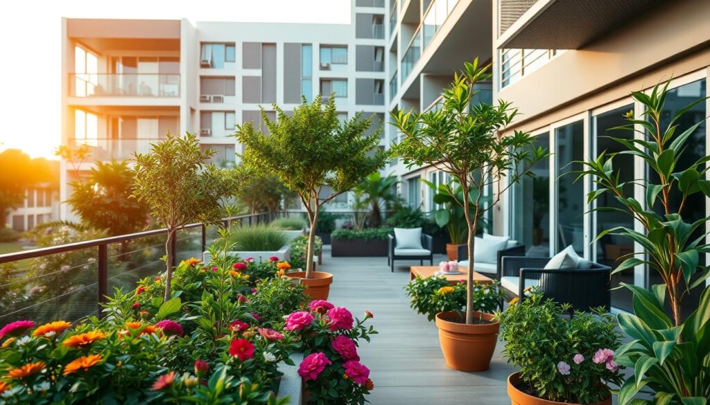 A modern apartamento garden in Maringá featuring a spacious balcony with lush greenery and potted plants. In the foreground, vibrant flowers and small trees create a cozy outdoor living space. The middle ground showcases a stylish seating area with comfortable outdoor furniture, inviting for relaxation. The background displays a contemporary apartment building with large windows, allowing for natural light to flood the space, enhancing the overall ambiance. Soft, warm lighting casts a gentle glow over the scene, suggesting a serene sunset moment. The atmosphere is tranquil yet vibrant, perfect for envisioning a harmonious blend of urban living and nature. The angle captures the depth of the garden while showcasing the architectural beauty of the surrounding building. A modern apartamento garden in Maringá featuring a spacious balcony with lush greenery and potted plants. In the foreground, vibrant flowers and small trees create a cozy outdoor living space. The middle ground showcases a stylish seating area with comfortable outdoor furniture, inviting for relaxation. The background displays a contemporary apartment building with large windows, allowing for natural light to flood the space, enhancing the overall ambiance. Soft, warm lighting casts a gentle glow over the scene, suggesting a serene sunset moment. The atmosphere is tranquil yet vibrant, perfect for envisioning a harmonious blend of urban living and nature. The angle captures the depth of the garden while showcasing the architectural beauty of the surrounding building.