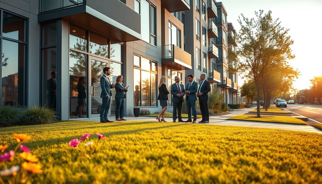 A modern apartment complex for rent, showcasing an inviting exterior with contemporary architectural design. In the foreground, a well-maintained lawn with vibrant flowers and small shrubs provides a welcoming entrance. The middle ground features large glass windows reflecting natural light, giving a glimpse of the stylish interiors. People are seen discussing leasing terms, dressed in professional business attire, conveying a sense of trust and credibility. In the background, residential streets line with trees, creating a peaceful suburban atmosphere. The scene is set during the golden hour, with warm sunlight casting gentle shadows, enhancing the friendly and secure mood. The angle captures the apartment building from a slight low perspective, making it appear grand and inviting. A modern apartment complex for rent, showcasing an inviting exterior with contemporary architectural design. In the foreground, a well-maintained lawn with vibrant flowers and small shrubs provides a welcoming entrance. The middle ground features large glass windows reflecting natural light, giving a glimpse of the stylish interiors. People are seen discussing leasing terms, dressed in professional business attire, conveying a sense of trust and credibility. In the background, residential streets line with trees, creating a peaceful suburban atmosphere. The scene is set during the golden hour, with warm sunlight casting gentle shadows, enhancing the friendly and secure mood. The angle captures the apartment building from a slight low perspective, making it appear grand and inviting.