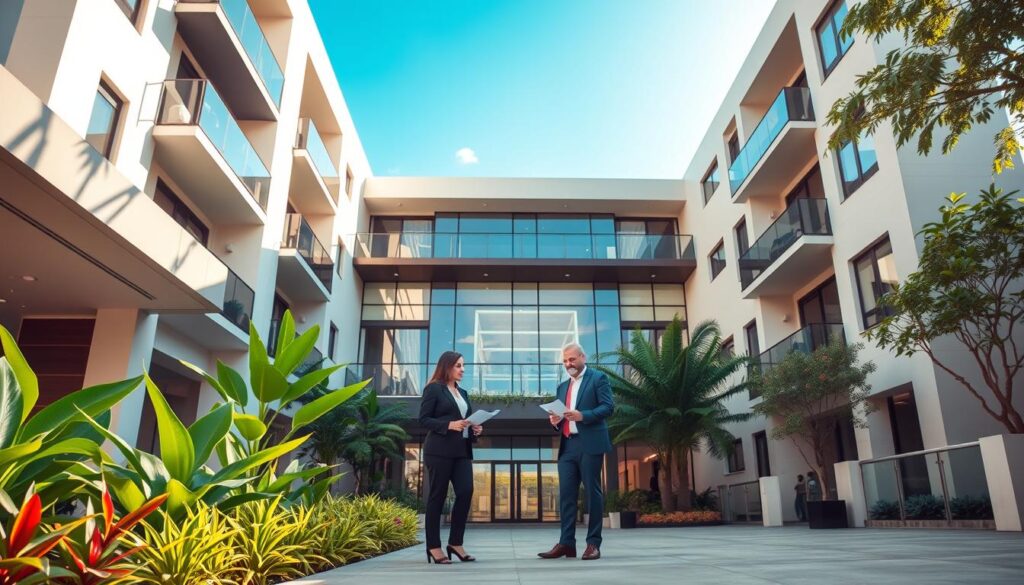 A modern apartment complex in Maringá, Brazil, showcasing a mix of residential architecture. In the foreground, vibrant greenery and tropical plants line the entrance, leading to a welcoming lobby. The middle layer features a beautifully designed façade with large windows reflecting the sunlight, revealing stylish balconies and terraces. People, dressed in professional business attire, are seen touring the apartments, engaged in discussion while examining floor plans. The background features a clear blue sky and the outlines of nearby trees, enhancing the urban landscape. Soft, natural lighting illuminates the scene, creating an inviting and hopeful atmosphere, perfect for prospective homebuyers seeking financing options. Shot from a low angle to emphasize the grandeur of the building. A modern apartment complex in Maringá, Brazil, showcasing a mix of residential architecture. In the foreground, vibrant greenery and tropical plants line the entrance, leading to a welcoming lobby. The middle layer features a beautifully designed façade with large windows reflecting the sunlight, revealing stylish balconies and terraces. People, dressed in professional business attire, are seen touring the apartments, engaged in discussion while examining floor plans. The background features a clear blue sky and the outlines of nearby trees, enhancing the urban landscape. Soft, natural lighting illuminates the scene, creating an inviting and hopeful atmosphere, perfect for prospective homebuyers seeking financing options. Shot from a low angle to emphasize the grandeur of the building.