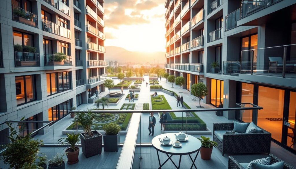 A modern apartment complex showcasing a clear distinction between private and common areas. In the foreground, a well-appointed private balcony adorned with potted plants, outdoor furniture, and a small table set for tea, representing the privata aspect. In the middle ground, an open, airy communal space with landscaped gardens, walkways, and a few people enjoying leisurely activities, dressed in professional or casual attire, illustrating the common areas. In the background, the sleek architecture of the building, designed with large windows and balconies, reflects contemporary living. The scene is bathed in warm, natural lighting with a golden hour glow, providing a relaxed and inviting atmosphere. The angle captures both areas harmoniously, emphasizing their separation yet coexistence. A modern apartment complex showcasing a clear distinction between private and common areas. In the foreground, a well-appointed private balcony adorned with potted plants, outdoor furniture, and a small table set for tea, representing the privata aspect. In the middle ground, an open, airy communal space with landscaped gardens, walkways, and a few people enjoying leisurely activities, dressed in professional or casual attire, illustrating the common areas. In the background, the sleek architecture of the building, designed with large windows and balconies, reflects contemporary living. The scene is bathed in warm, natural lighting with a golden hour glow, providing a relaxed and inviting atmosphere. The angle captures both areas harmoniously, emphasizing their separation yet coexistence.