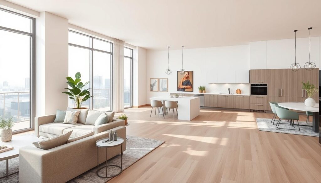 A modern apartment floor plan illustration, showcasing an open-concept layout with clear delineations for living room, kitchen, and bedrooms. The foreground features detailed furniture placement, including a stylish sofa, dining table, and kitchen island. In the middle ground, emphasize the flow of the space with large windows allowing natural light to flood the interior, highlighting spaciousness. The background presents a tasteful color palette of soft neutrals and contemporary design elements. Utilize soft, diffused lighting to create a warm, inviting atmosphere, simulating a bright afternoon. The angle should be slightly elevated to provide a comprehensive view of the apartment layout, capturing the essence of modern living in a well-designed building. Ensure no text or watermarks appear in the image. A modern apartment floor plan illustration, showcasing an open-concept layout with clear delineations for living room, kitchen, and bedrooms. The foreground features detailed furniture placement, including a stylish sofa, dining table, and kitchen island. In the middle ground, emphasize the flow of the space with large windows allowing natural light to flood the interior, highlighting spaciousness. The background presents a tasteful color palette of soft neutrals and contemporary design elements. Utilize soft, diffused lighting to create a warm, inviting atmosphere, simulating a bright afternoon. The angle should be slightly elevated to provide a comprehensive view of the apartment layout, capturing the essence of modern living in a well-designed building. Ensure no text or watermarks appear in the image.