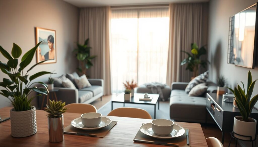A modern apartment interior designed for rental, showcasing a stylish living room with a cozy sofa, a coffee table, and vibrant houseplants. The foreground features a well-decorated dining area with neatly arranged place settings, emphasizing an inviting atmosphere. The middle ground displays an open kitchen with sleek appliances and trendy decor. In the background, a large window lets in warm, natural light, illuminating the space and casting soft shadows. The scene is captured with a wide-angle lens to emphasize the spaciousness, conveying a sense of comfort and livability. The overall mood is bright, welcoming, and professional, embodying the essence of accessible rental living in Maringá. A modern apartment interior designed for rental, showcasing a stylish living room with a cozy sofa, a coffee table, and vibrant houseplants. The foreground features a well-decorated dining area with neatly arranged place settings, emphasizing an inviting atmosphere. The middle ground displays an open kitchen with sleek appliances and trendy decor. In the background, a large window lets in warm, natural light, illuminating the space and casting soft shadows. The scene is captured with a wide-angle lens to emphasize the spaciousness, conveying a sense of comfort and livability. The overall mood is bright, welcoming, and professional, embodying the essence of accessible rental living in Maringá.