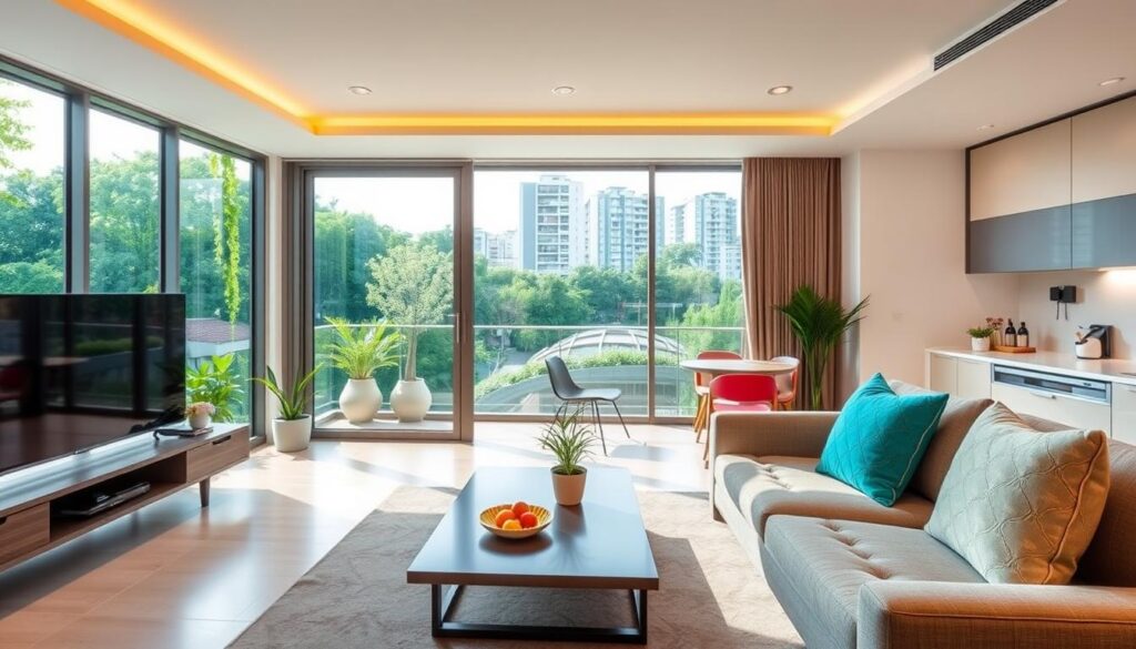 A modern apartment interior in Jardim Aclimação, featuring a stylish living room with contemporary furniture and vibrant decor. In the foreground, a cozy sofa with colorful cushions faces a sleek coffee table. A large window allows natural light to filter in, illuminating a view of lush greenery outside. The middle ground showcases a well-designed kitchen area with a small dining table, perfect for young couples. In the background, glimpses of the surrounding neighborhood can be seen, highlighting urban elements like parks and modern buildings. The lighting is warm and inviting, creating a welcoming atmosphere. The image conveys a sense of practicality and modernity, ideal for a young couple's lifestyle. A modern apartment interior in Jardim Aclimação, featuring a stylish living room with contemporary furniture and vibrant decor. In the foreground, a cozy sofa with colorful cushions faces a sleek coffee table. A large window allows natural light to filter in, illuminating a view of lush greenery outside. The middle ground showcases a well-designed kitchen area with a small dining table, perfect for young couples. In the background, glimpses of the surrounding neighborhood can be seen, highlighting urban elements like parks and modern buildings. The lighting is warm and inviting, creating a welcoming atmosphere. The image conveys a sense of practicality and modernity, ideal for a young couple's lifestyle.